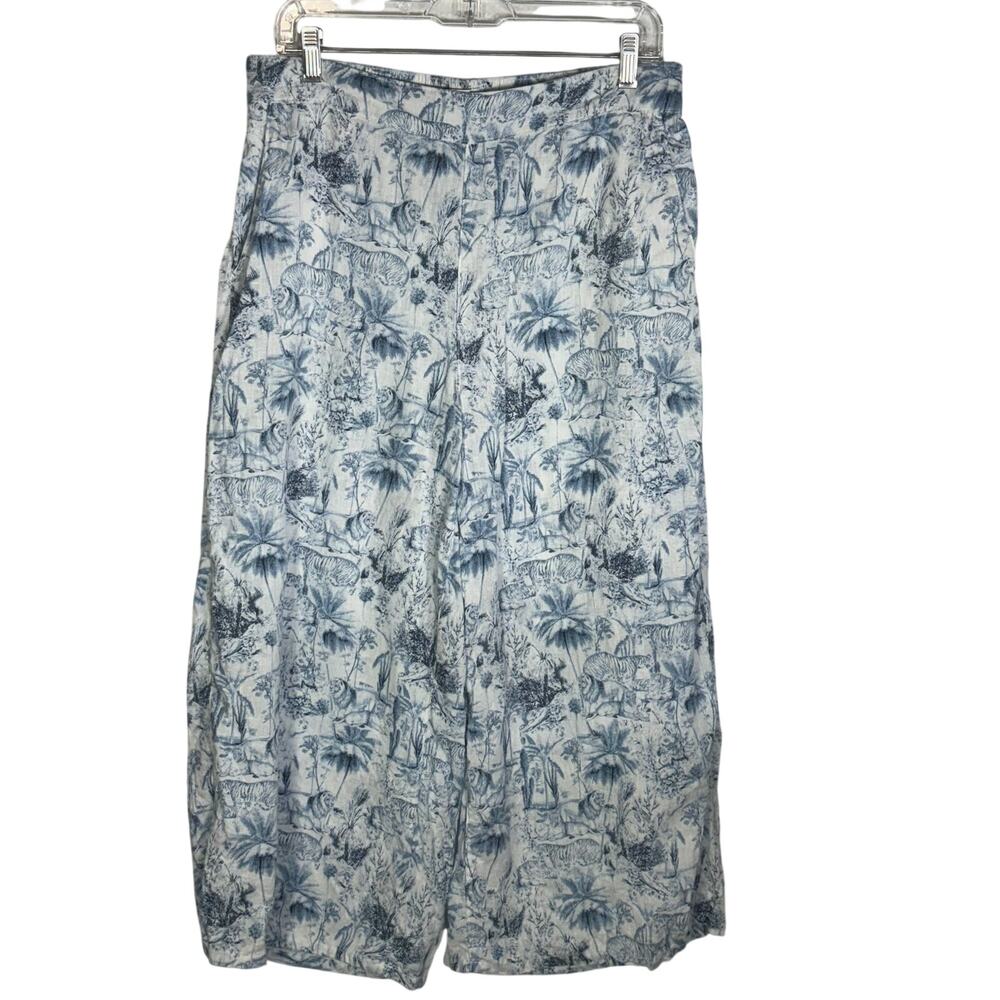 Rachel Zoe 100% Linen Wide Leg Pants Blue Safari Animal Print Women's L